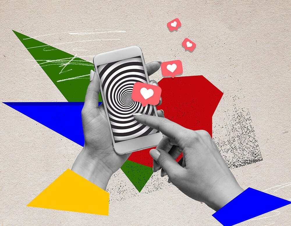 Image collage illustrating liking a post on social media.